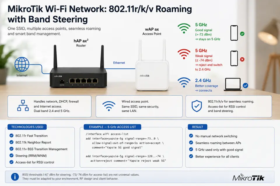 MikroTik Roaming: 802.11r/k/v, Band Steering, and Sticky Clients on RouterOS 7